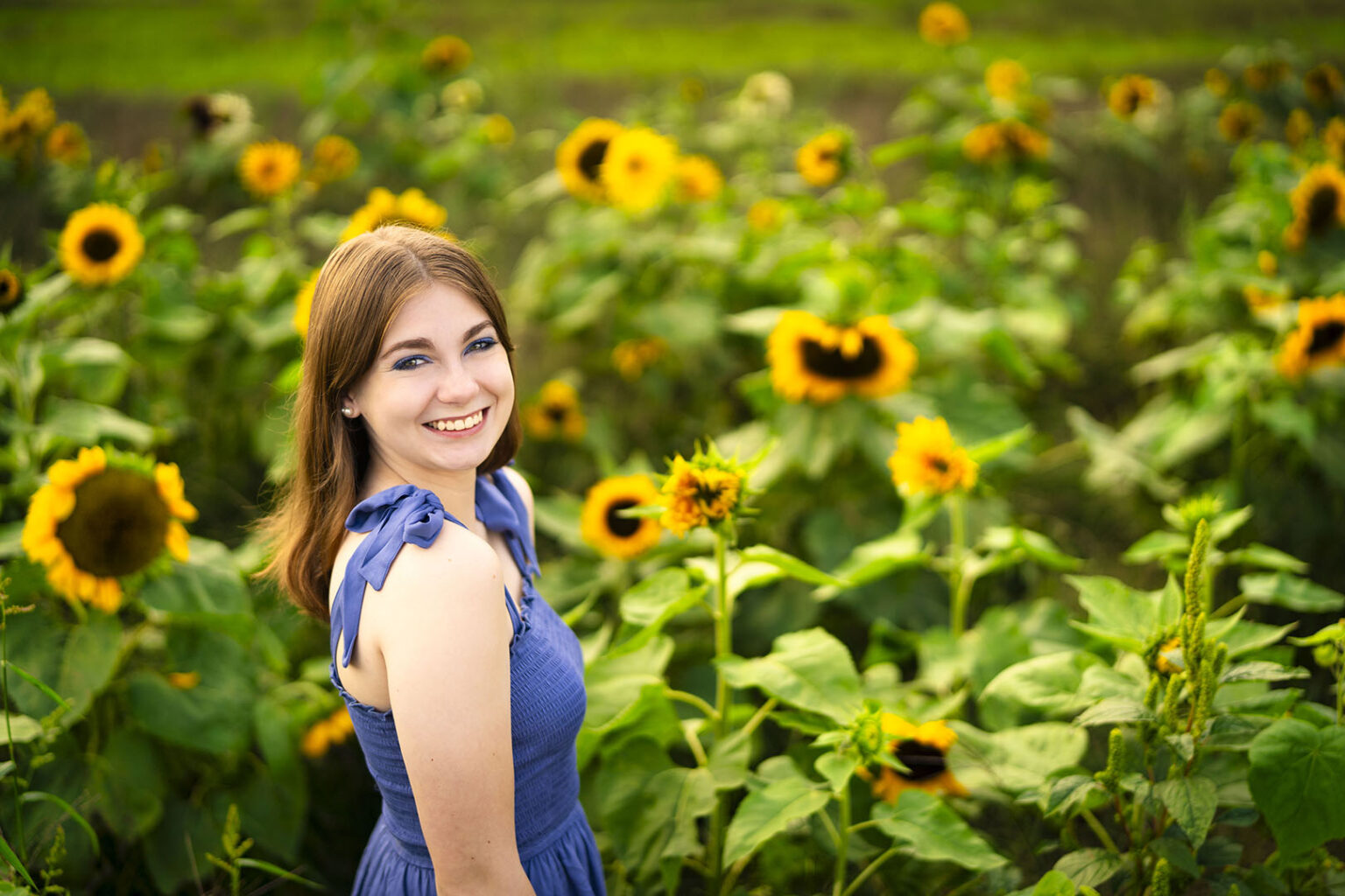 Girls senior picture in a sunflower field in Michigan